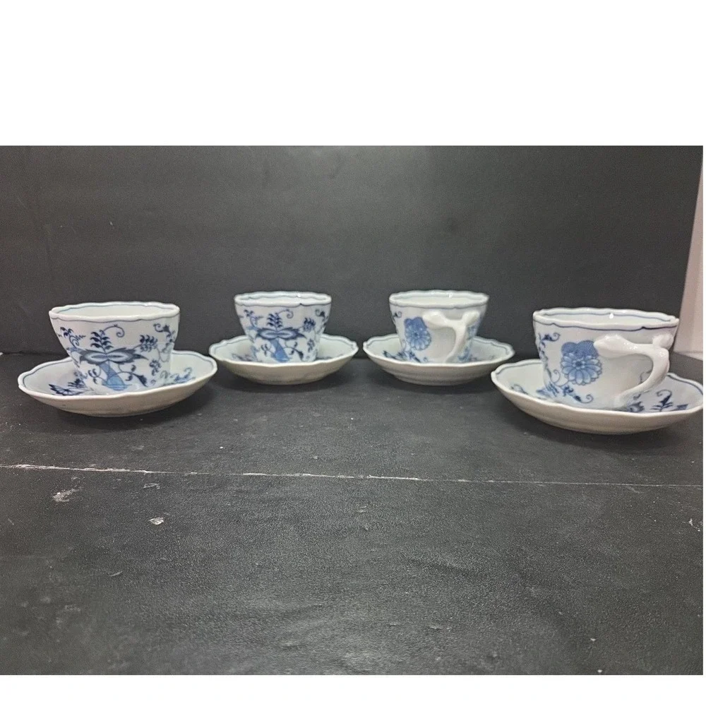 Blue Danube Onion Tea Cups & Saucers, Set of 4, Original Ribbon Banner Backstamp